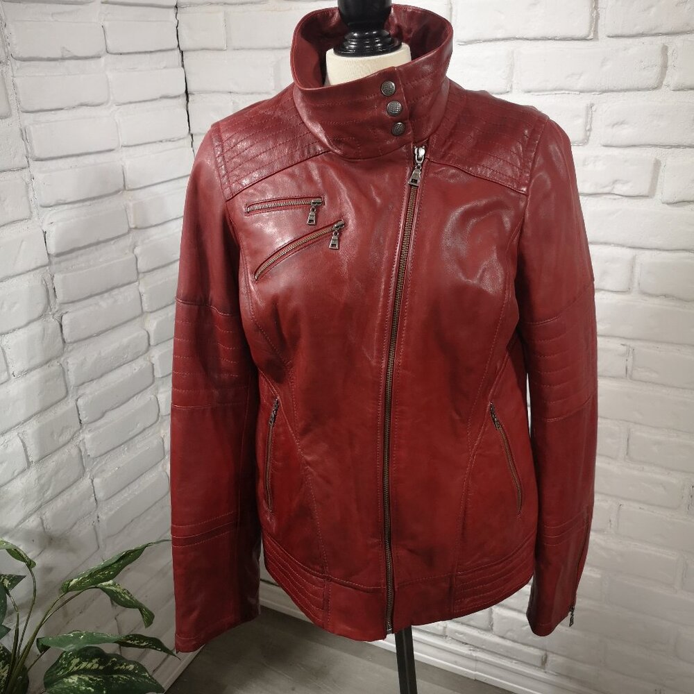 Danier Red Leather Asymmetrical Zip Jacket